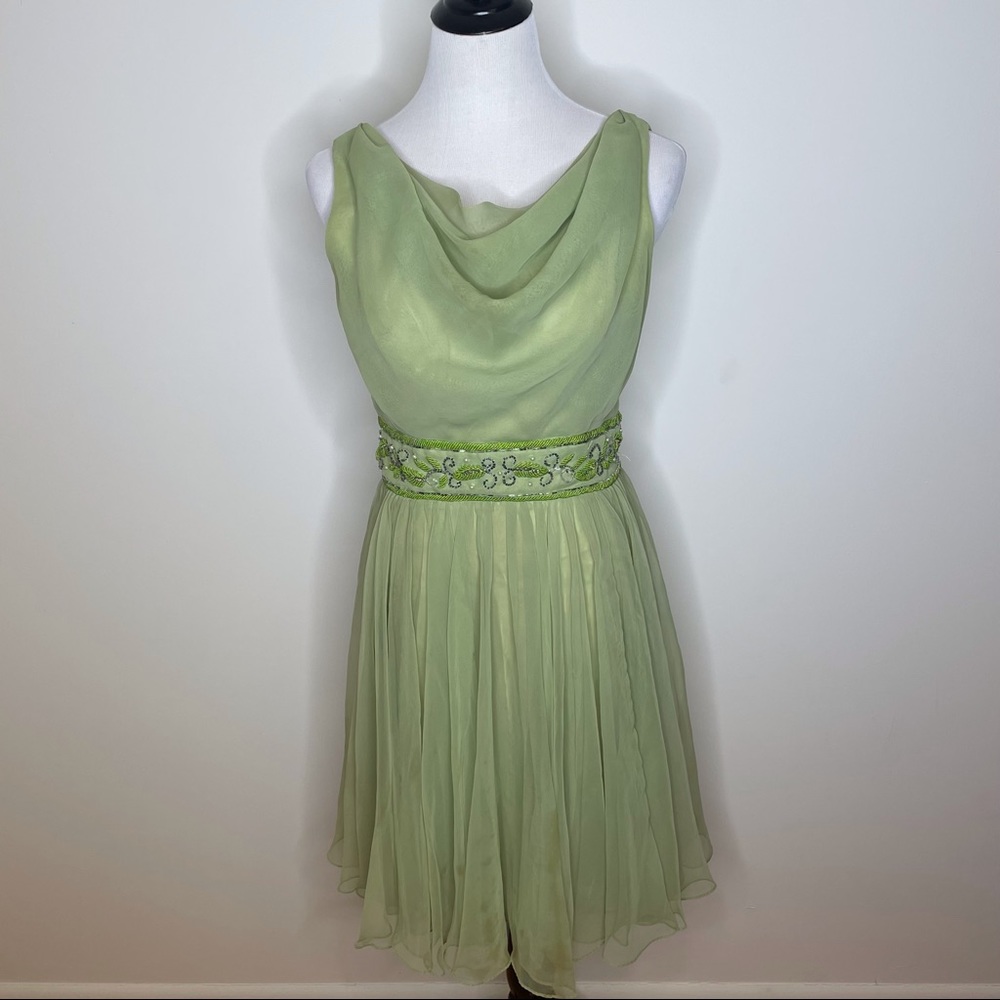 Vintage 1960s Miss Elliette Green Chiffon Beaded Cowl Neck Cocktail Dress